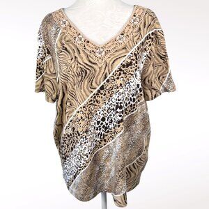 Rebecca Malone Animal Print V Neck Short Sleeve Top Cotton Blend XL
